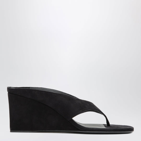 Black Suede Goat Leather Wedge Thong Mules