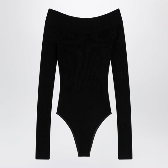 Shaping Ribbed Knit Off-Shoulder Bodysuit In Black