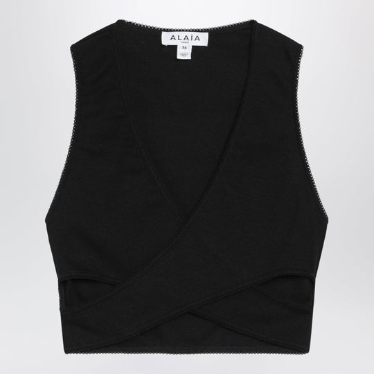 Black Cotton-Blend Wrap Top