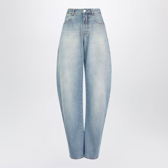Low-Rise Curved-Leg Raw Denim Jeans In Blue