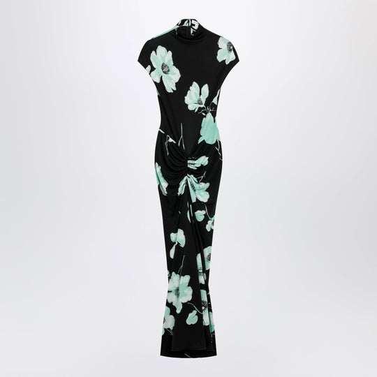 Draped Jersey Dress With Sakura Print In Black/Aqua