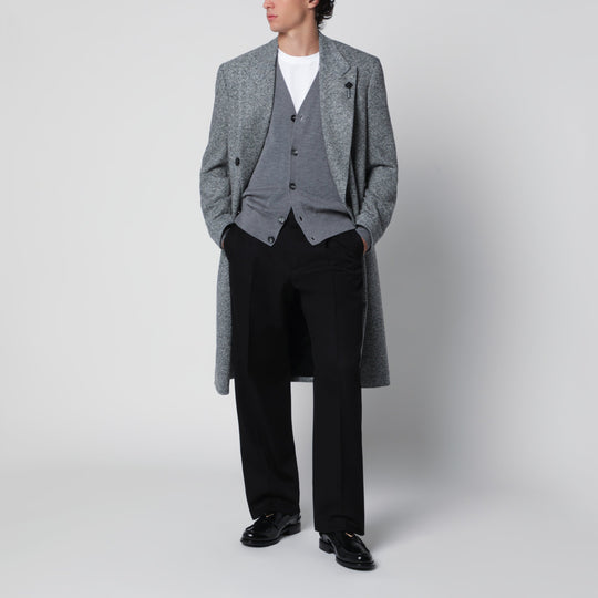 Grey Double-Breasted Coat In Wool With Herringbone Pattern