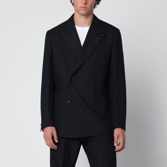 Blue Double-Breasted Jacket In Wool With Pinstripe Pattern