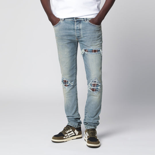 Mx1 Distressed Flannel-Patched Jeans In Medium Indigo
