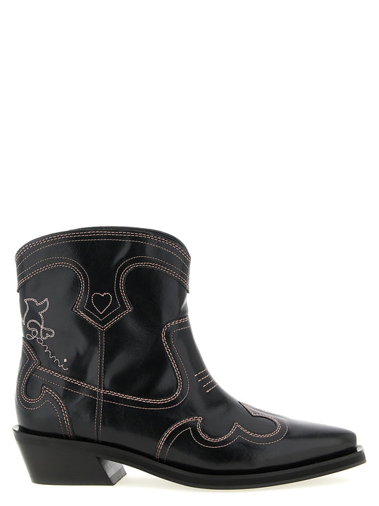 Low Shaft Embroidered Western Boots And Ankle Boots Black