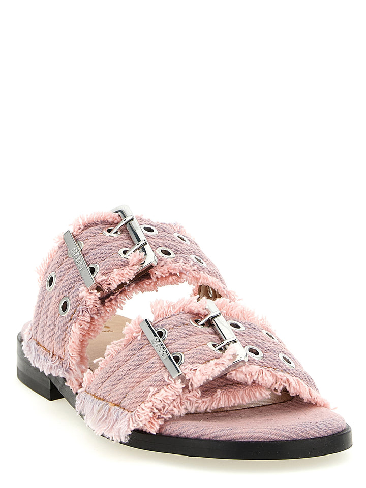 Ganni Feminine Buckle Fringed Denim Sandals - Pink | 01268baa3a0cbfbb721d60d5809fd2215c07a0d1