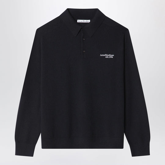 Black Woollen Polo Shirt With Embroidered Logo