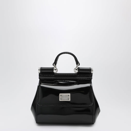 Mini Patent Calf Leather Bag With Logo Plaque, Black