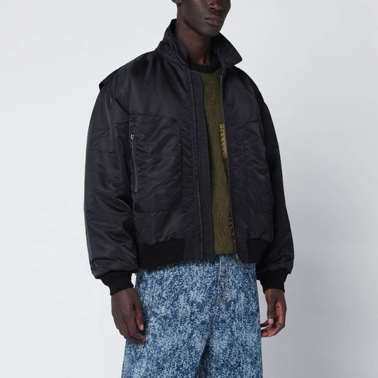Black Nylon Zip Bomber Jacket