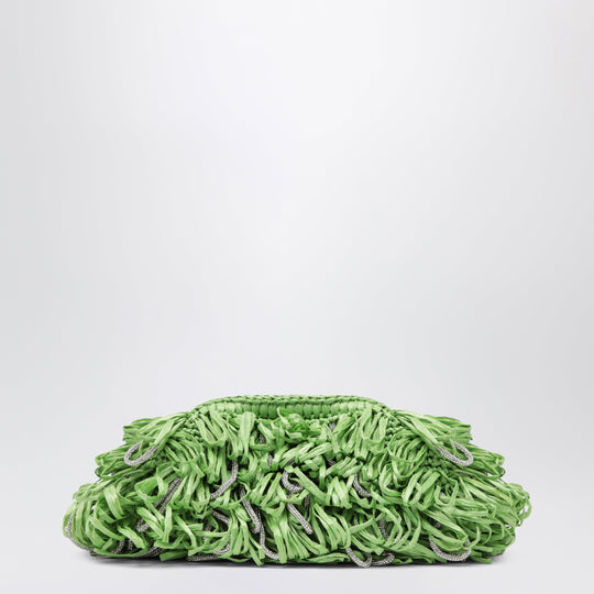 Beatrix Apple Green Clutch With Raffia Fringes And Crystals