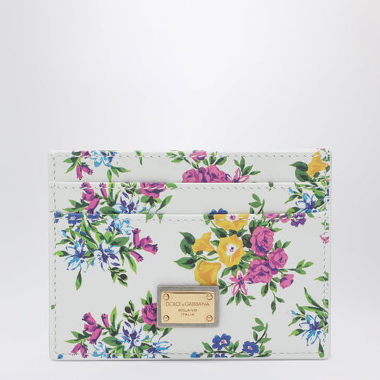 Printed Calfskin Leather Card Holder In Off-White Floral