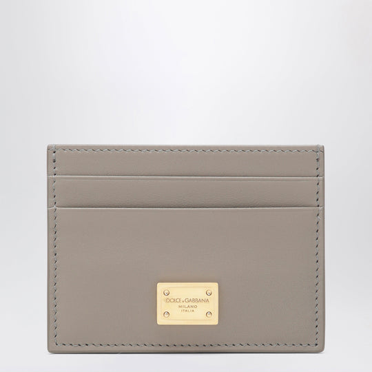 Taupe Leather Card Holder With Logo Plaque