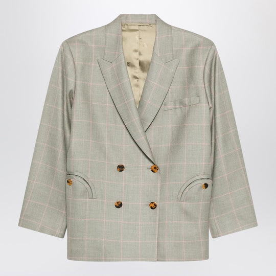 Double-Breasted Beige Blazer With Pink Check Pattern