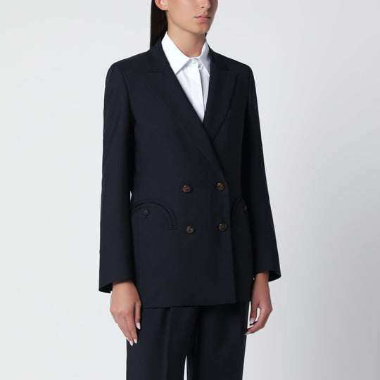 Double-Breasted Jacket In Navy Blue Wool And Mohair
