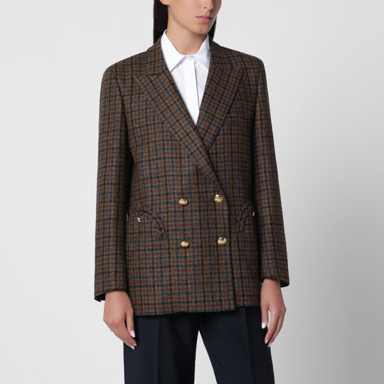 Double-Breasted Dark Green Jacket With Check Pattern In Wool