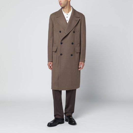 Taupe Double-Breasted Wool-Blend Coat