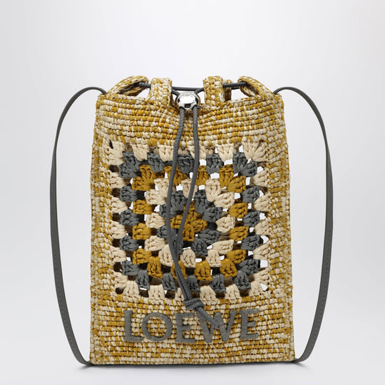 Pearl Grey/Mustard Raffia And Leather Drawstring Pouch