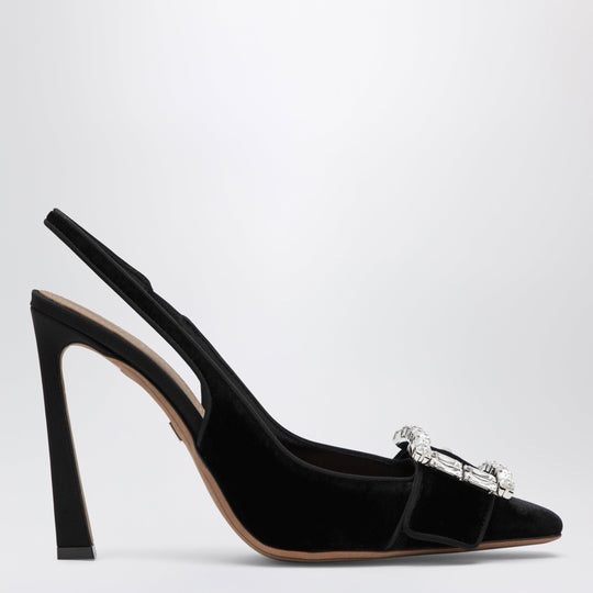 Black Velvet Slingback Pumps With Jeweled Buckle
