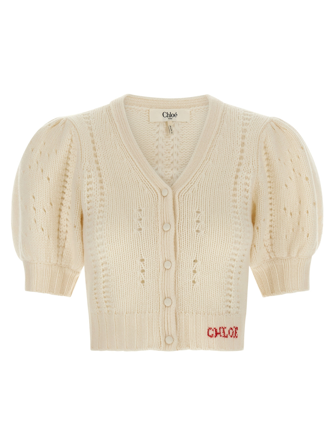 Chloé Jacquard Logo Cardigan Sweaters and Cardigans - White | d3467b65aa64edd54bfe1ed1f689a90cc9f456a4