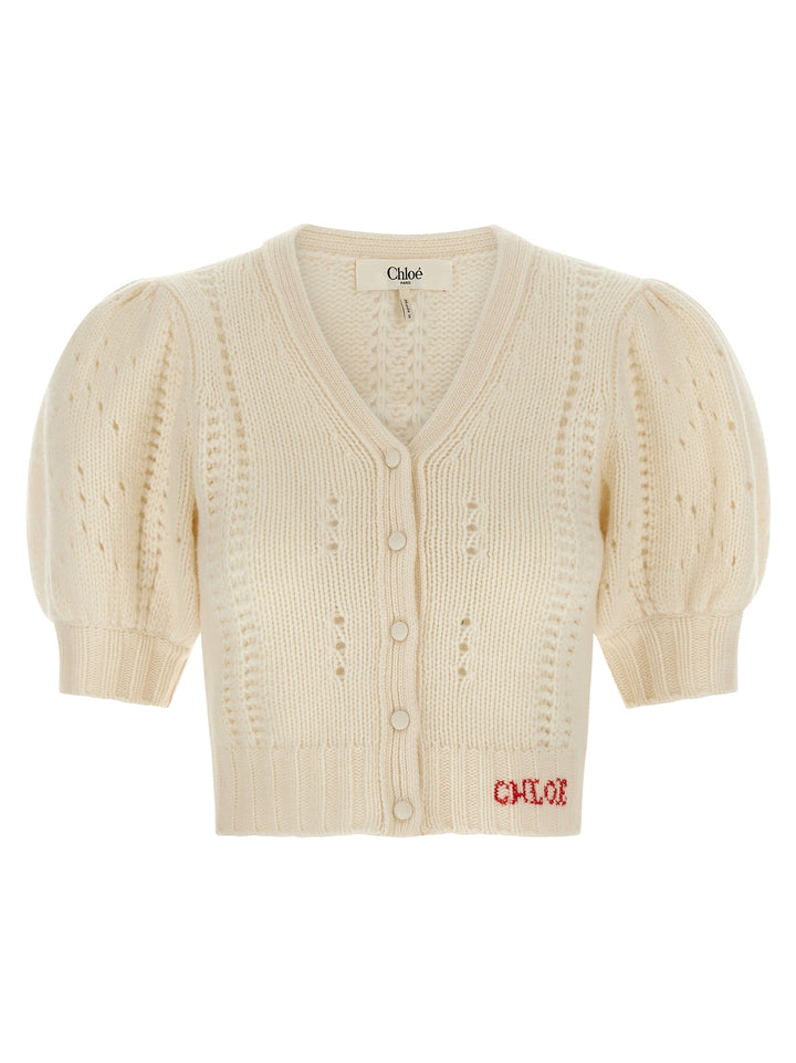 Chloé Jacquard Logo Cardigan Sweaters and Cardigans - White | d3467b65aa64edd54bfe1ed1f689a90cc9f456a4