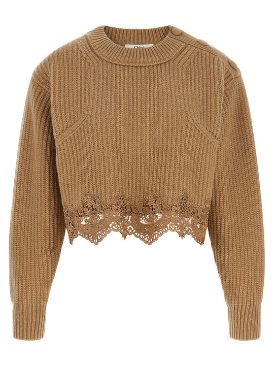 Cropped Lace Sweater Sweaters And Cardigans Beige