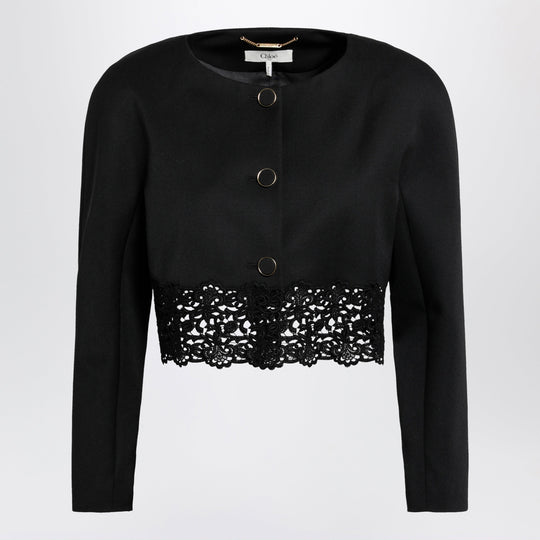 Black Cropped Jacket With Openwork Trim