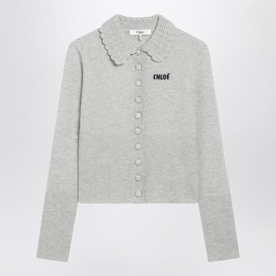 Light Grey Wool Cardigan With Logo