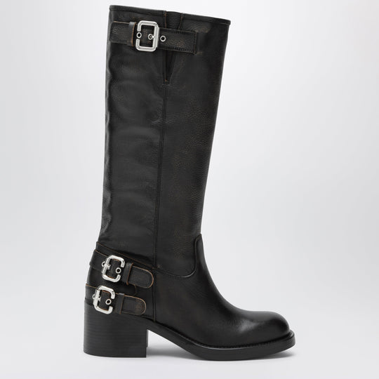 Dakota Knee-High Biker Boots In Black Leather