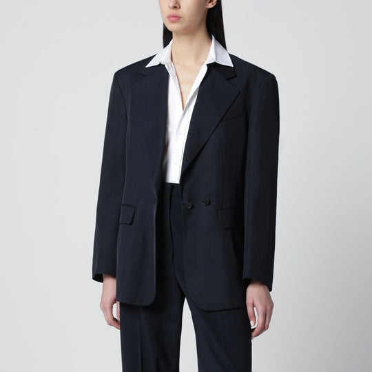 Blue Linen-Blend Single-Breasted Jacket