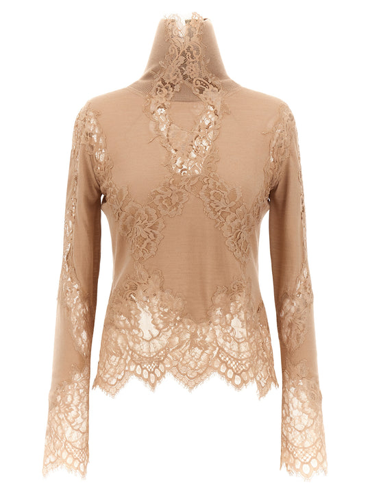 Lace Insert Sweater Sweaters And Cardigans Beige