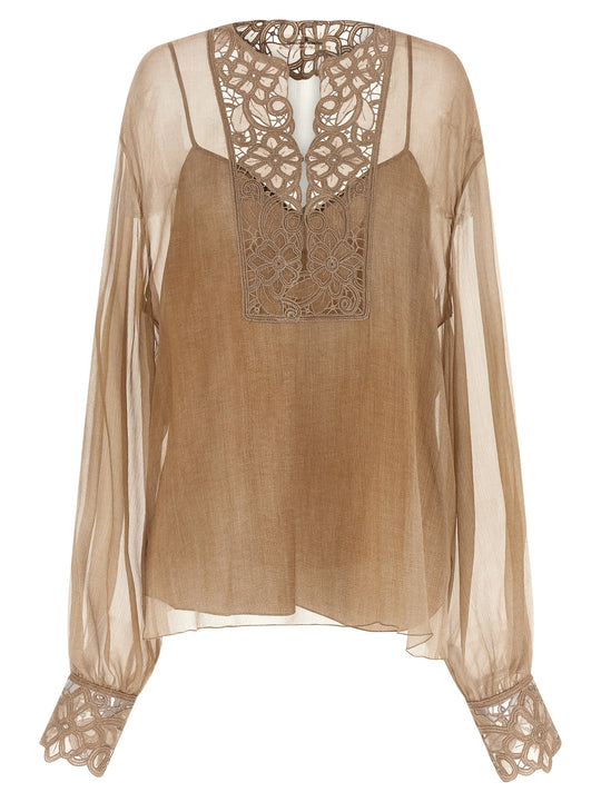 Floral Carving Blouse Shirt And Blouse Beige