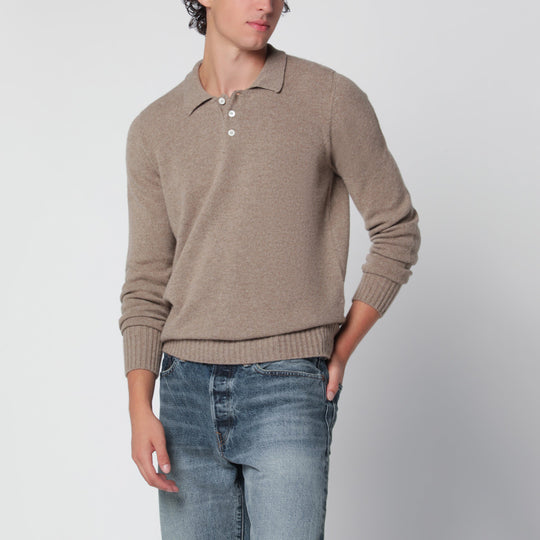 Beige Mélange Polo Sweater In Wool