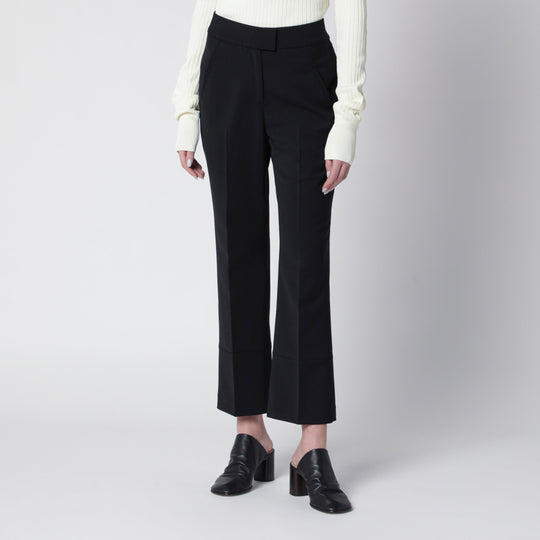 Black Wool-Blend Flared Cropped Trousers