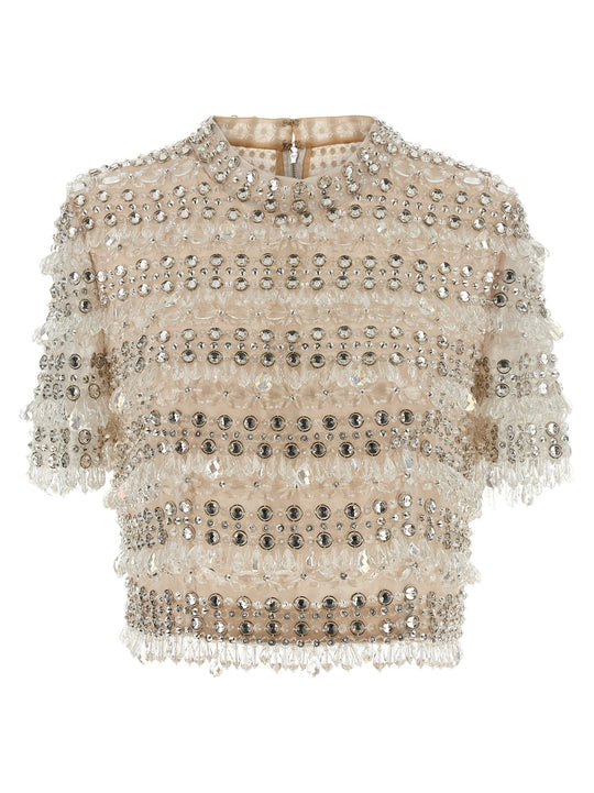 Crystal-Embroidered Crop Tops Beige
