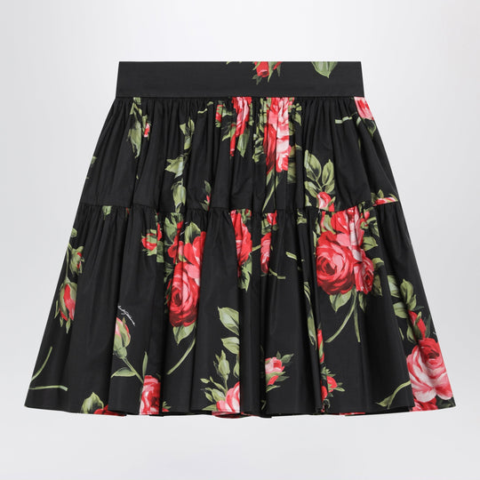 Short Cotton Skirt With Bouquet Rose Print, Black