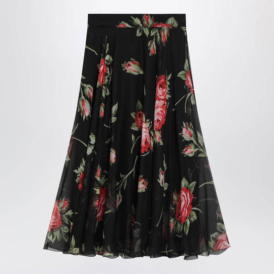 Chiffon Circle Skirt With Bouquet Rose Print, Black