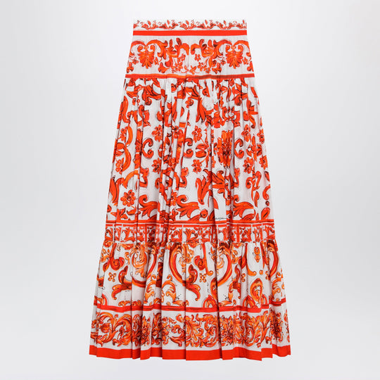 Long Maiolica-Print Cotton Poplin Skirt In Orange