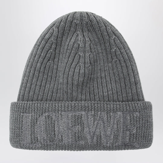 Grey Wool Beanie With Logo Embroidery