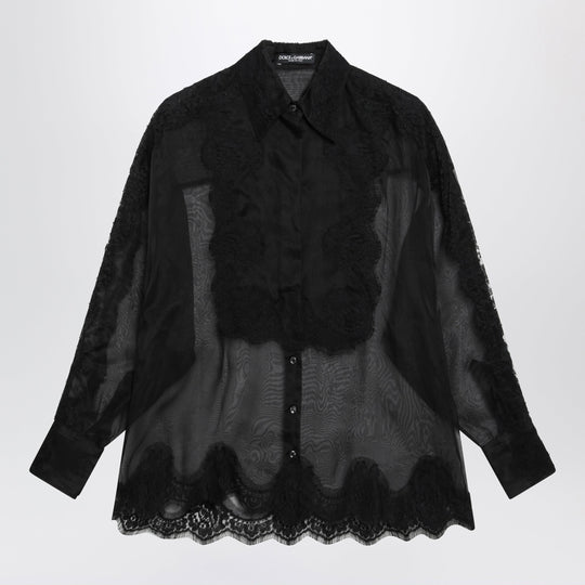 Organza Tuxedo Shirt With Lace Inserts In Black