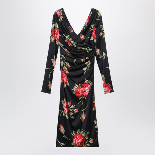 Draped Satin Dress With Bouquet Rose Print In Black