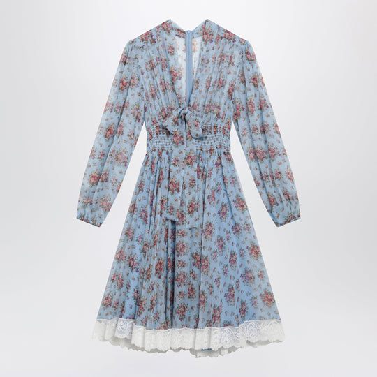 Floral Bouquet-Print Chiffon Dress In Light Blue