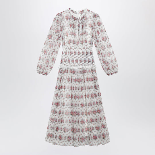 Long Chiffon Dress With Floral Bouquet Print, White