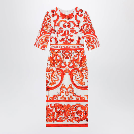Fitted Maiolica-Print Silk Charmeuse Dress In Orange
