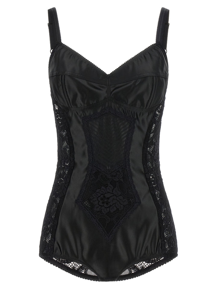 Dolce & Gabbana Satin And Lace Corsetry Bodysuit Tops - Black | d68bbbe6ce3a9e1c1f10a19ea4e5ab4115c8e133