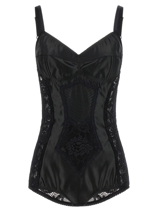 Satin And Lace Corsetry Bodysuit Tops Black