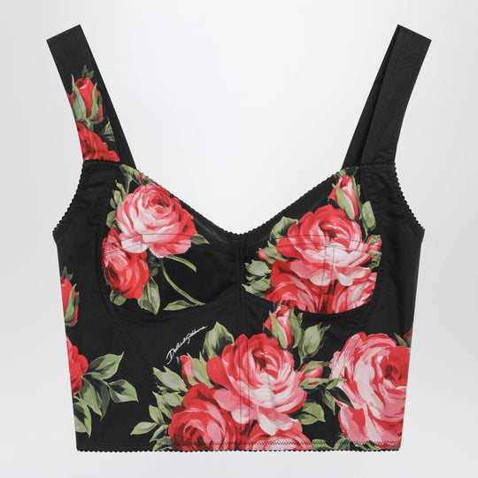 Bouquet Rose Print Cotton Bustier Top In Black