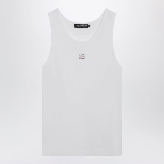 Cotton Tank Top With Dg Embroidery And Rhinestones, White