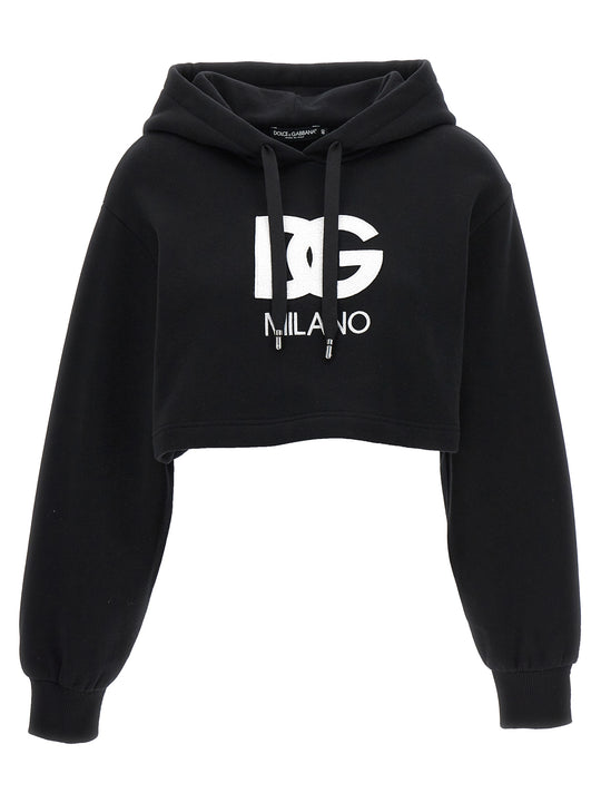 Logo Embroidery Cropped Hoodie Sweatshirt Black