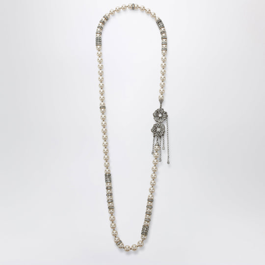 Pearl Necklace With Silver Crystal Flower Clasp