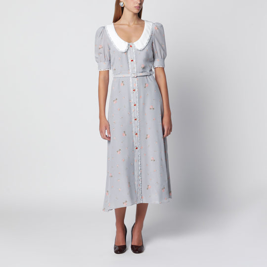 Grey/Pink Floral-Print Silk Midi Dress
